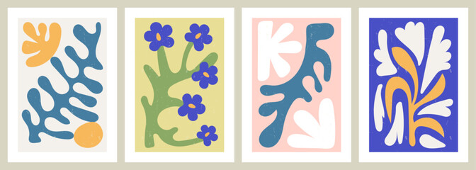 Wall Mural - set of colorful hand drawn floral posters. modern wall art with organic shapes. contemporary artwork