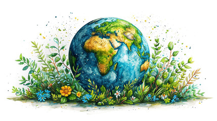 Creative abstract global ecology and environment protection business concept: mini green Earth planet globe with world map with green grass and color meadow flowers isolated on white background