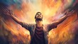 Leinwandbild Motiv Joyful worship and praise: man raising hands in ecstasy, vibrant pastel illustration - inspirational spiritual wall art