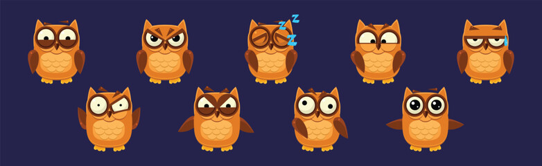 Sticker - Funny Owlet Bird with Feathers Have Face Emotion Vector Set