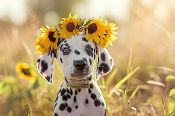 Dalmatian puppy with sunflower crown sitting in field. Pet portrait with natural background. Springtime and summer happiness concept. Design for greeting card, poster. Spring composition with flowers