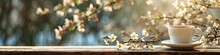 Cup Of Tea On Wooden Table, With Spring Blossom In Background. Relaxing Morning, Breakfast Or Afternoon Tea Time Concept. Still Life With Copy Space. Springtime Composition