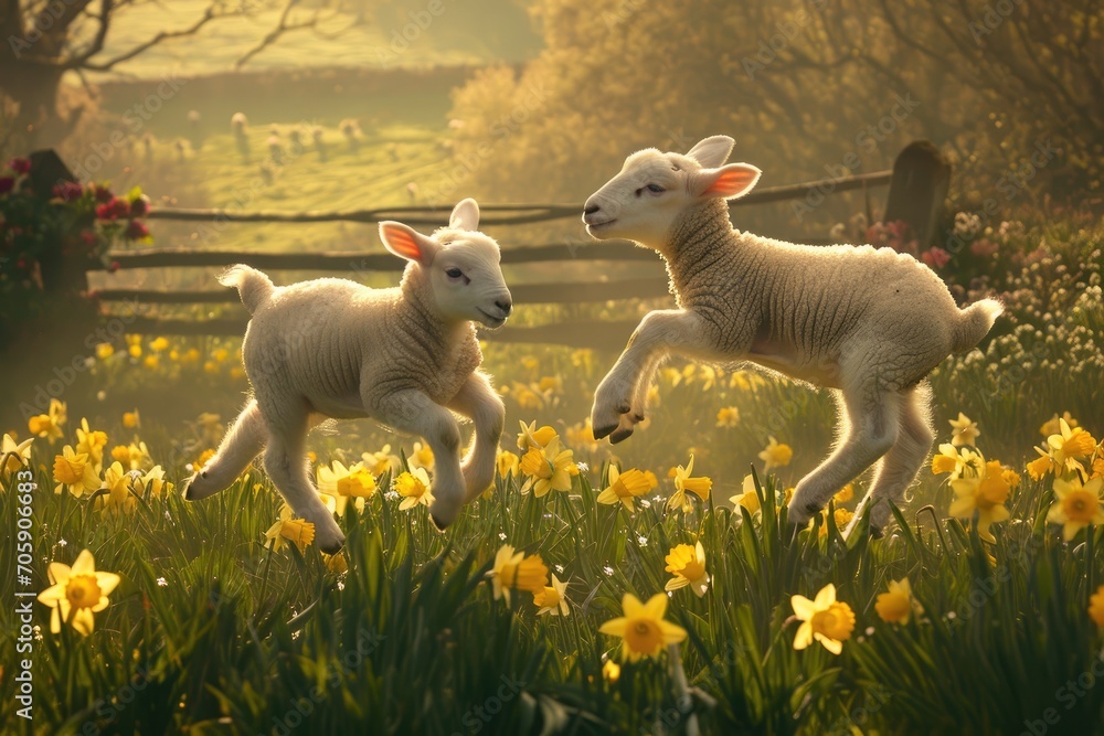 Two cute lambs playing and frolicking in a field of daffodils flowers ...