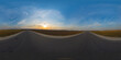 360 degree spherical panorama on country asphalt road among fields at sunset or sunrise with beautiful sky and cirrus clouds. VR content.