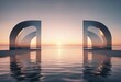 © ArtisticLens - 3d render abstract zen seascape background Nordic surreal scenery with geometric mirror arches calm