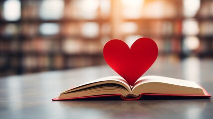 Wall Mural - Close up of a red heart on a paper book.