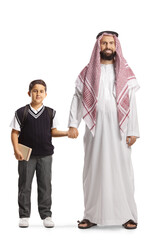 Wall Mural - Full length portrait of a saudi arab father holding his son by the hand