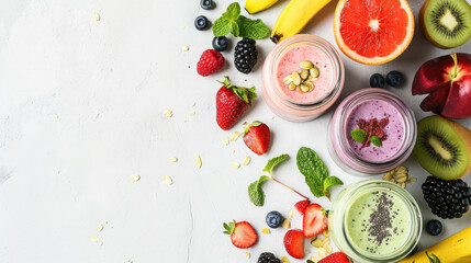 Wall Mural - healthy natural organic smoothie made from fresh fruits and berries, detox, weight loss, proper nutrition, drink in a glass, jar of juice, tropical cocktail, ingredients, cooking, breakfast
