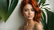 © anandart - Beautiful fashionable young woman portrait poses near white wall with palm leaf shadow, space for text