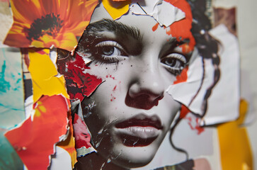 Wall Mural - Paper collage with a fashion portrait of beautiful young woman, ai