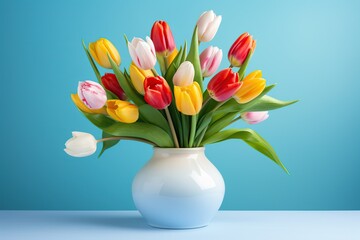 Bouquet of colorful tulips in vase on blue background