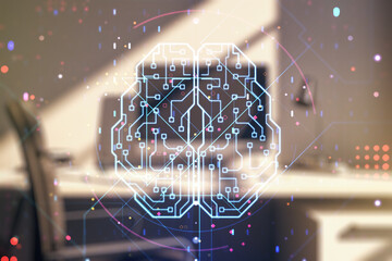 Wall Mural - Double exposure of creative artificial Intelligence symbol and modern desktop with laptop on background. Neural networks and machine learning concept