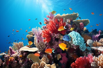Canvas Print - Colorful coral reefs, exotic sea life and merfolk in a tropical undersea world.