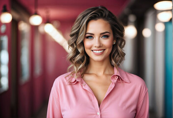 Portrait of beautiful young woman in pink clothing style on pink background, beauty and fashion concept