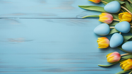 Easter holiday celebration banner greeting card banner with blue pastel painted eggs and yellow tulip flowers on blue backround wooden tabel texture. Top view, flat lay 