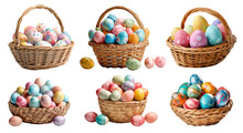 Collection Set Of Basket Of Colourful Hand Painted Decorated Easter Eggs On Transparent Background Cutout, PNG File. Many Different Design. Mockup Template For Artwork Design