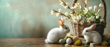 Two Fluffy White Bunnies Beside A Wicker Basket Full Of Daffodils And Speckled Easter Eggs