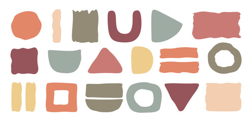 Set of hand drawn organic shapes and various forms in pastel colors. Trendy minimal geometric elements isolated on white background for decoration, ads, prints, branding, cover and patterns. Vector