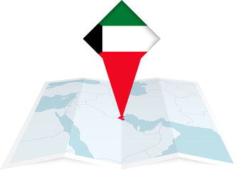 Wall Mural - Kuwait pin flag and map on a folded map