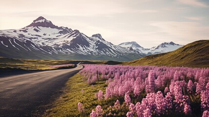 Wall Mural - A field of purple flowers next to a road