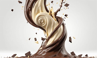 Dark chocolate bar icon with milk and chocolate cream splash, 3d illustration.