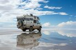 Modern camper from the back on lake Uyuni Salt Marsh in Bolivia