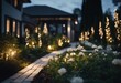 Modern gardening design Pathway in front of residential house with decoration lights