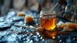 Honey in a glass jar with a honey dipper on a wooden table