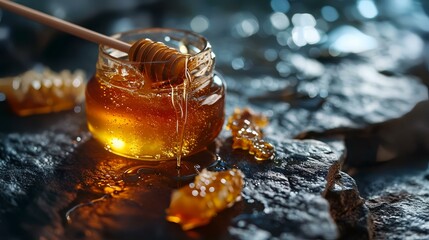 Wall Mural - Honey dripping from a wooden honey dipper into a glass jar on a dark background