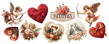 Happy Valentine's Day. Vector Vintage Illustrations In Victorian Style Of Heart, Cupid, Birds Doves, Red Rose, Flowers, Logo, Couple Of Lovers Man And Woman In Frame For Greeting Card Or Invitation