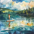 © Flow_control - A woman on a SUP board on the background of a calm lake, watercolor painting, calm nature and the theme of water sports.