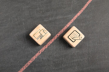 Wall Mural - digitization concept. wooden blocks on a dark chalkboard background