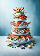 Multi-tiered dish with seafood appetizers on ice