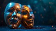 Two metallic gold masquerade masks on black stage background with copy space. Carnival or Masquerade, masks for theater dramatic life concept.