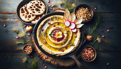 Wall Mural - Creamy spread of hummus with olive oil and seed of pomegranate