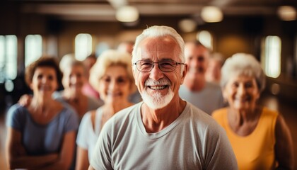 Ancianos haciendo ejercicios de estiramiento juntos en un centro de jubilados. 
Ancianos y ancianas haciendo ejercicio en una residencia de ancianos durante el ejercicio diario.