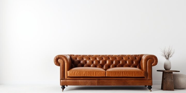 Luxurious white background with a brown leather sofa