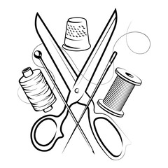 Wall Mural - Symbol for a sewing and tailoring salon. Tailors scissors, needle and spool of thread