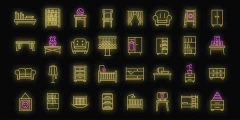 Poster - Children room icons set. Outline set of children room vector icons neon color on black