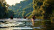 © JVLMediaUHD - Tourists on excursions on kayaks floating in picturesque rivers enjoy nature around