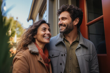 Poster - A candid shot of a couple smiling as they unlock the door to their first home, emphasizing the fulfillment of homeownership made possible through prudent financial management. Generative Ai.