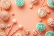 Peach Fuzz table top on peach background with decorated lollipops and cupcakes, children birthday party