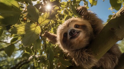 A sloth peacefully hanging upside down from a lush tree branch, bathed in dappled sunlight. -Generative Ai
