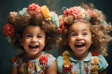 Adorable Tots Sporting Hilarious Hair Accessories, Their Giggles Filling The Air With Infectious Happiness. Generative Ai.