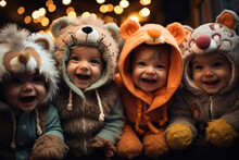 Delightful Infants Donned In Fuzzy Animal Costumes, Bringing A Touch Of Whimsy To A Cozy Playdate. Generative Ai.