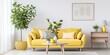 © Lasvu - Yellow sofa, mock up poster frame, coffee table, plants, commode, pillows, decoration, and elegant personal accessories create a cozy retro and scandi style living room interior.
