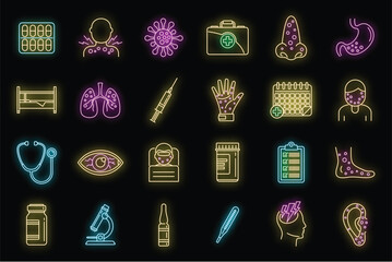 Poster - Human measles icons set. Outline set of human measles vector icons neon color on black