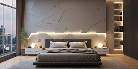 Wall Mural - Trendy contemporary bedroom with lit niches, large window, gray and white tones, and geometric elements.