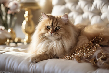 Canvas Print - A well-groomed and regal-looking Persian cat lounging on a luxurious cushion, adding an element of sophistication to its owner's space. Concept of Persian elegance. Generative Ai.