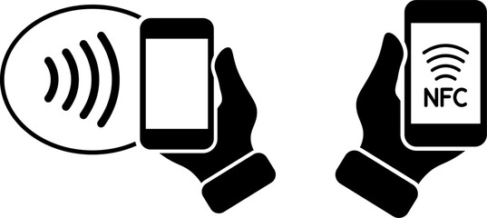 Poster - NFC wireless payment technology icons. Contactless NFC payment. NFC payment with smartphone. Contact less. NFC payment with mobile phone. Credit card. Contactless wireless pay, tap pay wave sign